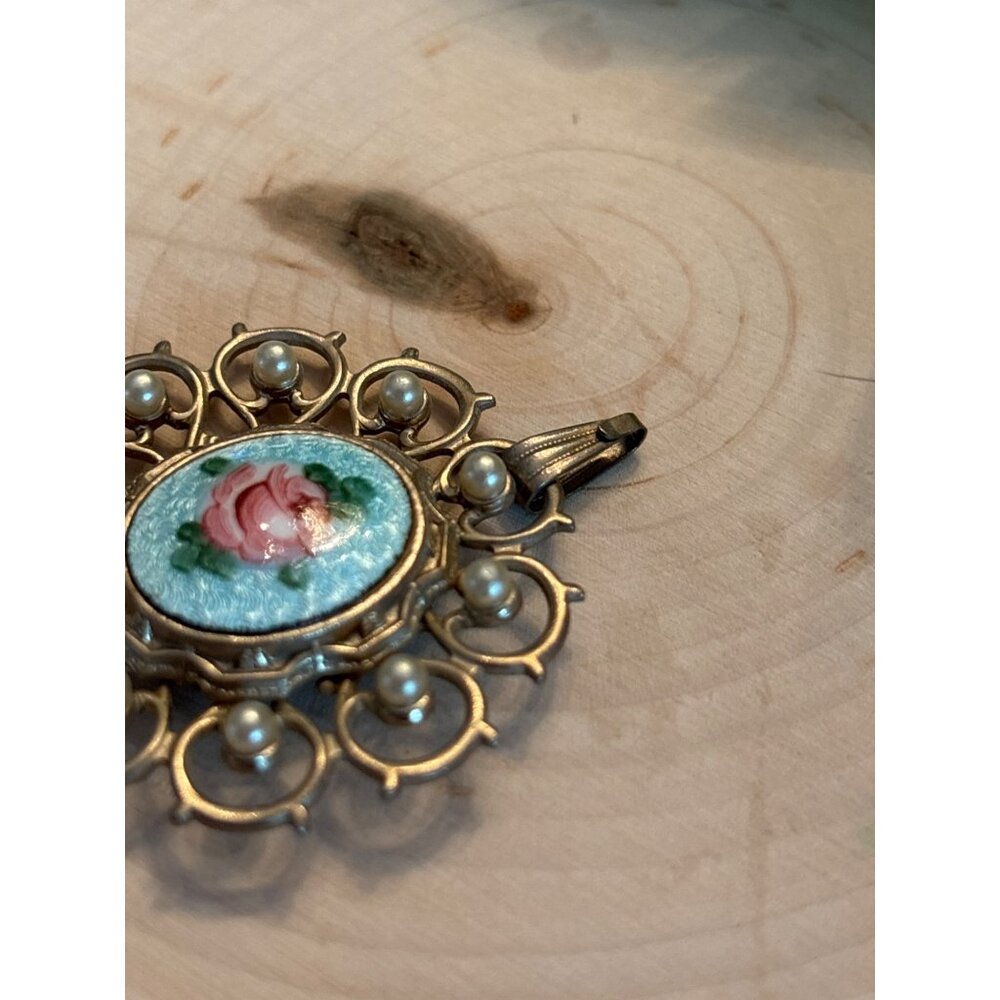 Vintage Gold-Tone Pendant With Rose Enamel  Romantic Rose Pendant Gold Tone - Picture 7 of 9